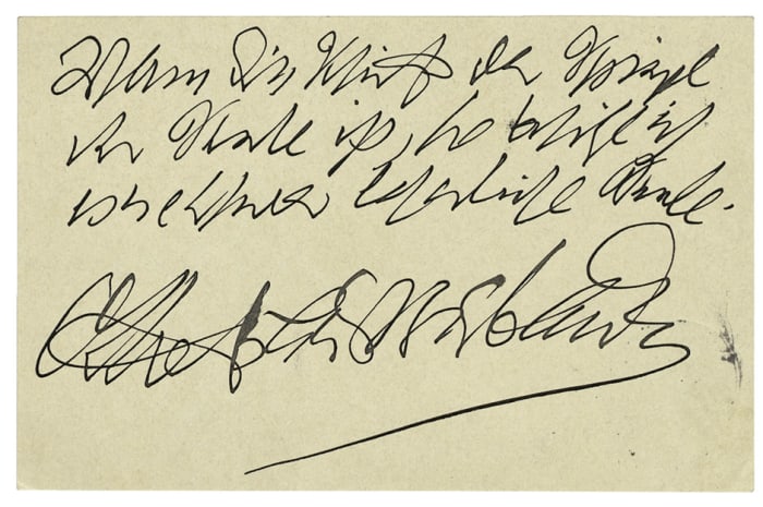 In 1909, the German writer Otto Bierbaum mailed this postcard with a pun about graphology: “If handwriting is a mirror of the soul, I own a hardly legible soul.”