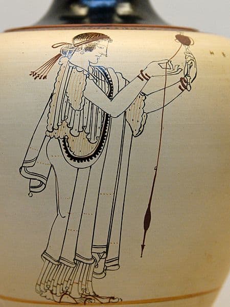 Woman spinning wool. Detail from an Ancient Greek Attic white-ground oinochoe, ca. 490 BC, from Locri, Italy. British Museum, London.