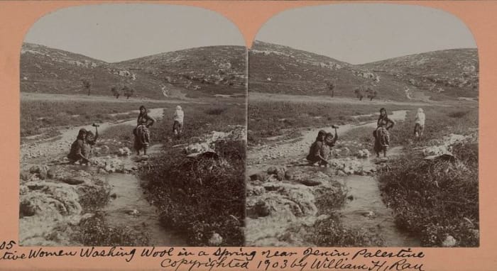 Native Women Washing Wool in a Spring Near Jenin, Palestine, a photograph by William H. Rau showing women washing wool near the city of Jenin, circa 1903.