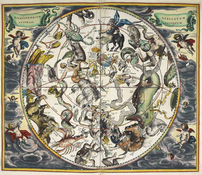This 17th century star map from the British Museum demonstrates a mixture of scientific observation and superstition. The constellations are correctly plotted, but with additional details of astrological significance
