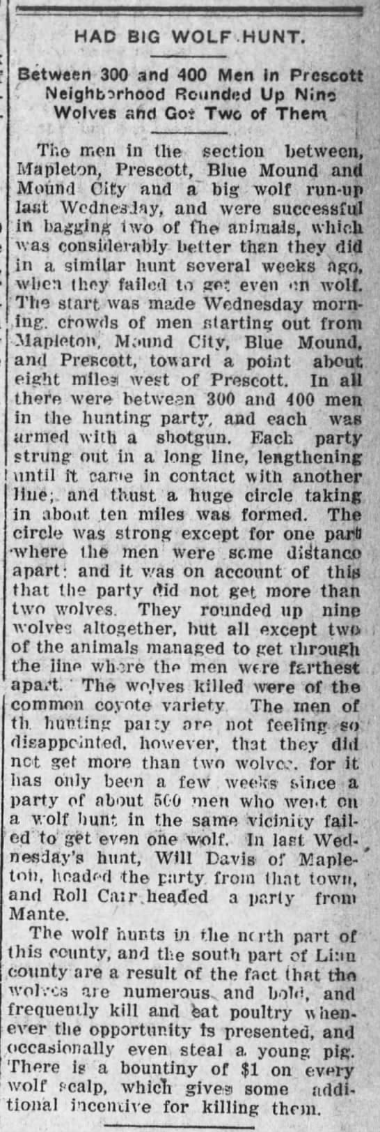 Clipped from Fort Scott Tribune and The Fort Scott Monitor, 11 Feb 1913, Tue, Page 5 "The wolves killed were of the common coyote variety," according to the newspaper.