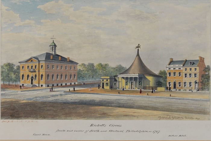 Ricketts' Art Pantheon and Amphitheater (center), located on the corner of Sixth and Chestnut Streets in Philadelphia, Pennsylvania, was opened in 1794. It caught fire on December 17, 1799.