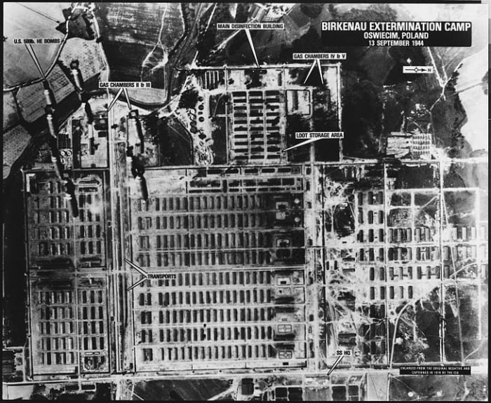 The scale of the Auschwitz-Birkenau complex is seen in this aerial photo taken during a bombing run in September 1944. The target is the I.G. Farben factory (top right) where the poison gas was made.