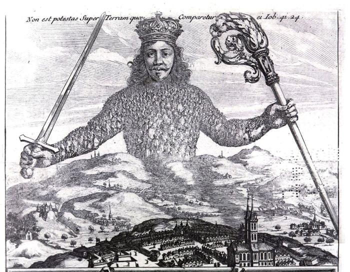 Detail from the frontispiece for Leviathan (1651) by Thomas Hobbes, etching by Abraham Bosse. As reproduced in Body of Art.