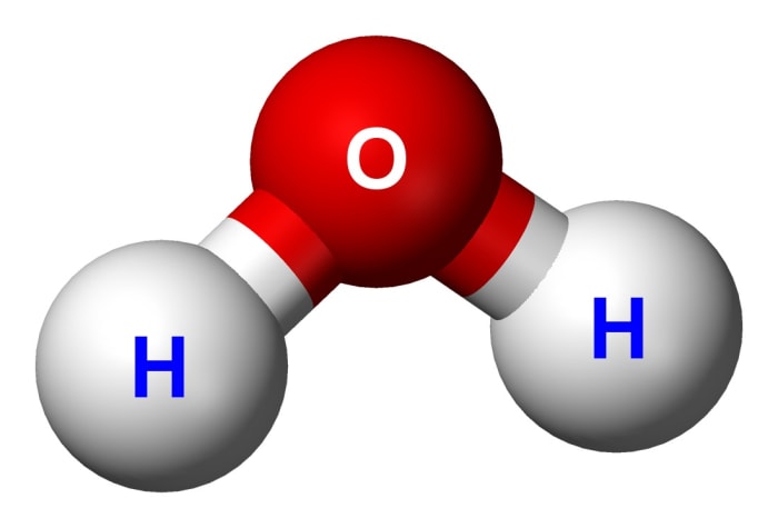 A water molecule is made of two atoms of hydrogen and one atom of oxygen. H is the symbol for the element hydrogen and O stands for oxygen. So the chemical name for water is H2O.