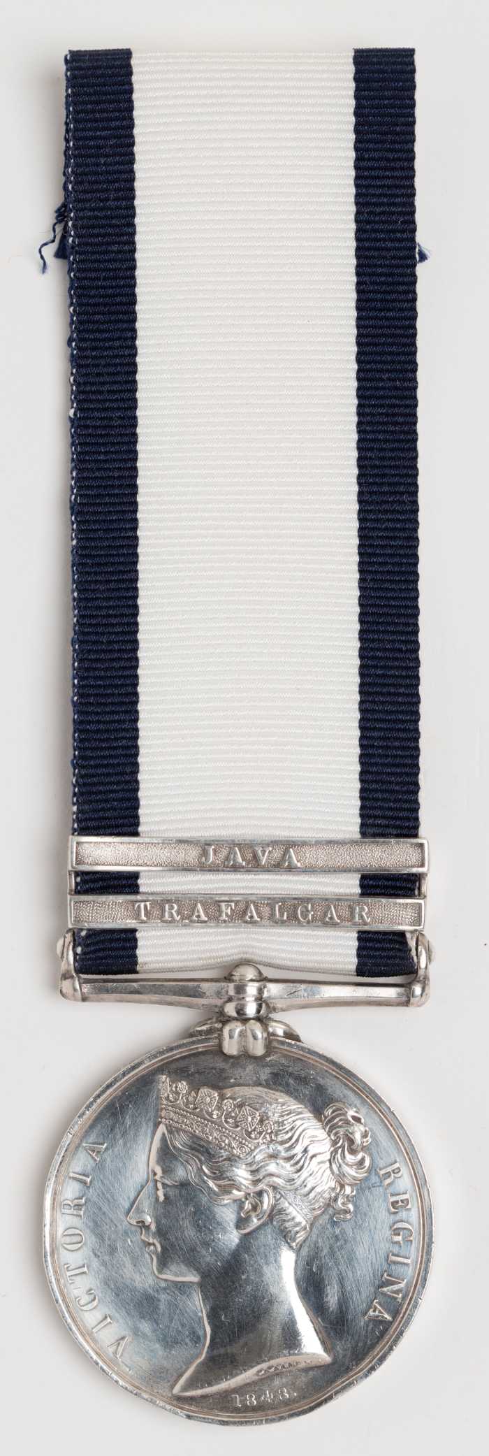 Naval General Service Medal 1847 - Medal awarded to Corporal Henry Castle, Royal Marines, with clasps ‘Trafalgar’ (HMS Britannia) and 'Java' (HMS Hussar)