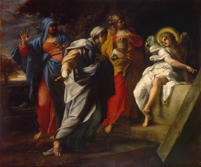 Holy Women at Christ's Tomb (c. 1590s) by Annibale Carracci. In Matthew 28:1–10, Mary Magdalene and "the other Mary" encounter an angel at the tomb, who tells them that Christ has risen.