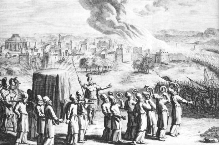 The covered ark and seven priests with rams' horns, at the Battle of Jericho, in an eighteenth-century artist's depiction.