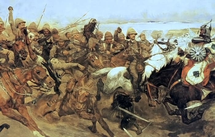 Depiction of the Battle of Omdurman (1898), by Robert Caton Woodville - this type of colonial warfare common to the British in the C19th, was in its decline by Omdurman. Modern warfare was on its way.