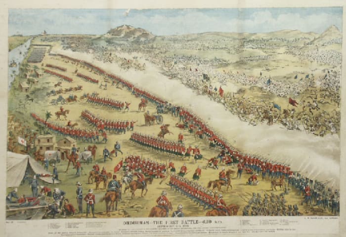 The Battle of Omdurman, 1898, from the Purton Museum, Wiltshire. This illustration depicts the British wearing the red home service uniforms to identify the different regiments involved. The regiments in the picture have a number printed with them an