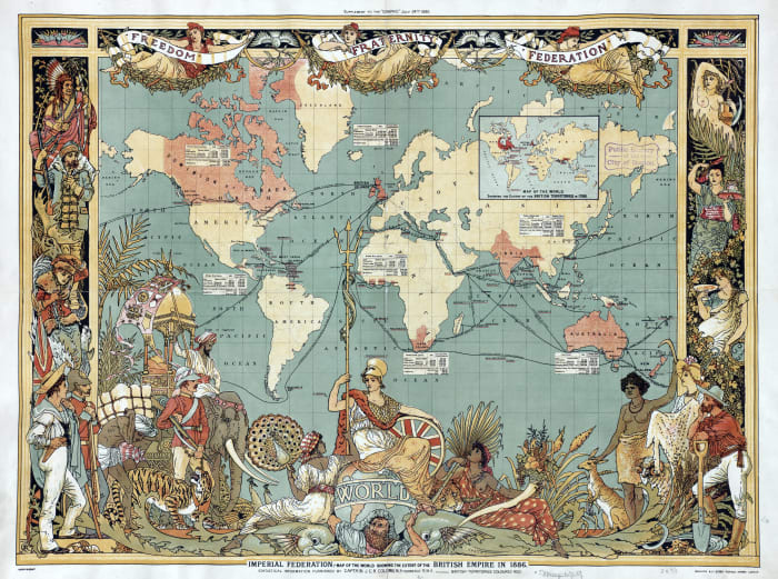 An elaborate map of the British Empire in 1886, marked in pink, the traditional color for imperial British dominions on maps - by the late Victorian period, some Britons were anxious about perceived moral and social decay eroding the empire.