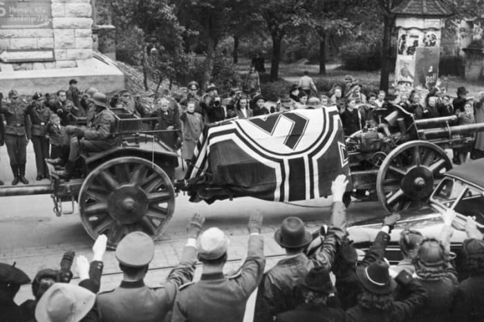 Funeral procession of Rommel, following his suicide. To cover-up his role in the plot to kill Hitler, the Nazis depicted Rommel as dying in battle on the Eastern Front.