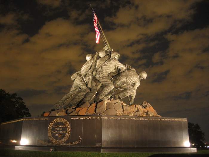 The Marine Corps War Memorial in Arlington, Virginia. This monument with a representation of the flag raising at Iwo Jima is inscribed with battle honors of the United States Marine Corps since 1775.
