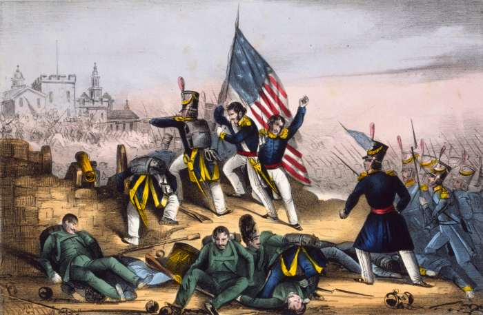 U.S. Marines storming Chapultepec castle under a large American flag, paving the way for the fall of Mexico City.