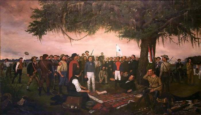 This 1886 painting of the surrender by Sana Ana to Sam Houston was done by William Henry Huddle and hangs in the Texas State Capital in Austin