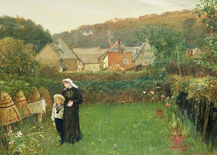 In Charles Napier Hemy's 1897 painting a widow and her son tell the bees about the death of their master.