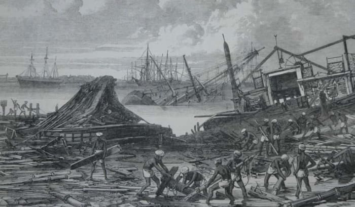 1839 Coringa Cyclone (Representação Artística). Após este desastre, a cidade de Coringa nunca mais prosperou como um grande porto comercial.