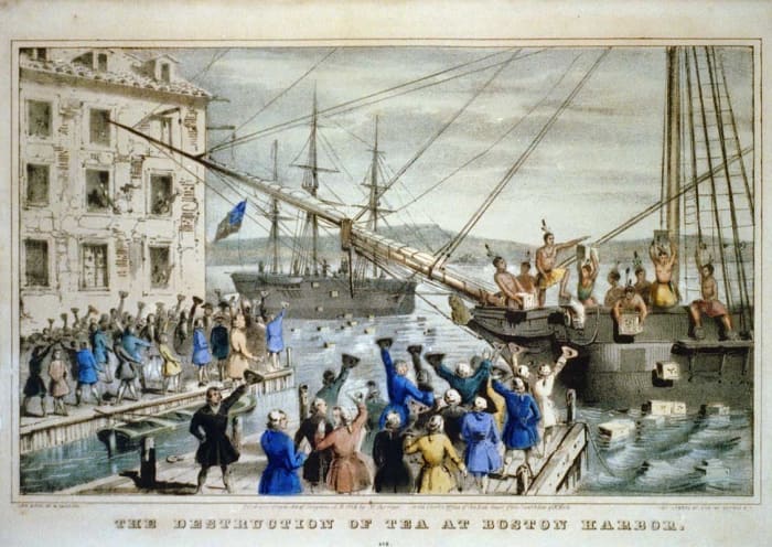 Boston Tea Party. 1846 lithograph by Nathaniel Currier was entitled The Destruction of Tea at Boston Harbor; the phrase "Boston Tea Party" had not yet become standard.