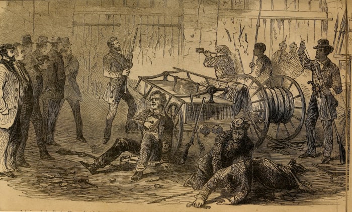 Drawing depicting John Brown and his band with hostages just before the marines break down the door of the engine house.