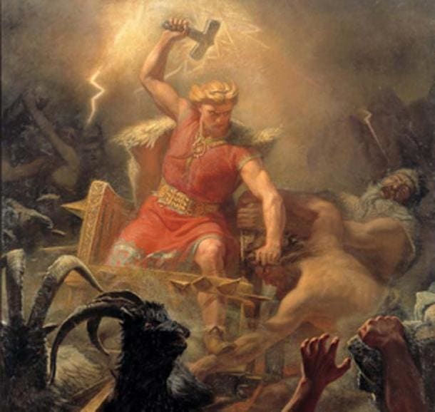 Thor and Jumala (Ukko) are often depicted as the same way. This image has been used by various publications to represent the two deities.