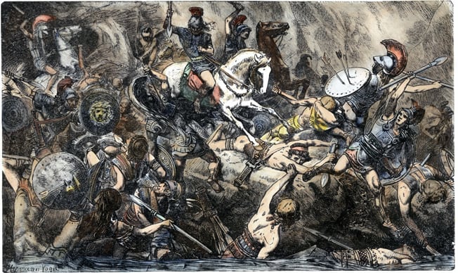PELOPONNESIAN WARS. Destruction of the Athenian Army in Sicily during the Peleponnesian War, 413 B.C.: wood engraving, 19th century.