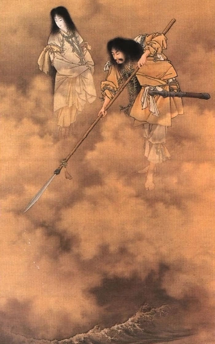 Searching the Seas with the Tenkei by Kobayashi Eitaku. Here, the “Tenkei” i.e. Ame no Nuhoko is depicted as a Japanese naginata.