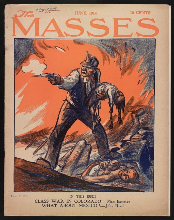 This drawing by John French Sloan adorned the cover of the June, 1914 monthly publication of en:The Masses, the issue released immediately after the Ludlow massacre. It accompanied and illustrated an article entitled "CLASS WAR IN COLORADO" by en:Max
