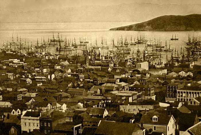 San Francisco harbor circa 1850. The congestion in the harbor often forced ships to wait days before unloading their passengers and cargo.