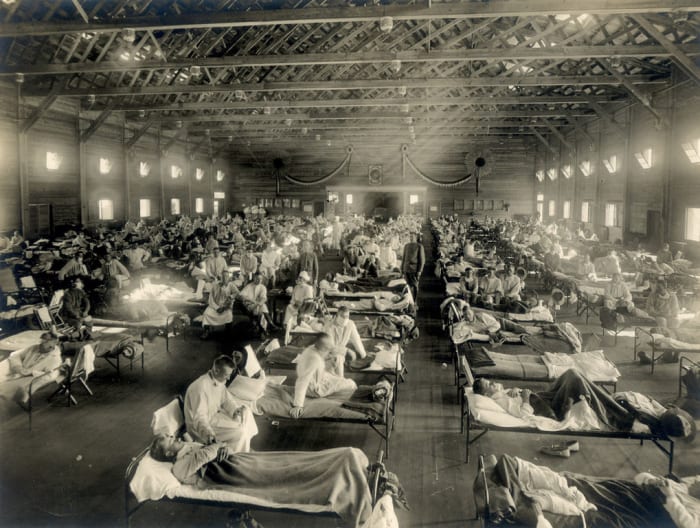 Soldiers afflicted with the Spanish Flu were housed in makeshift hospitals, like the one pictured here at Camp Funston, Kansas.