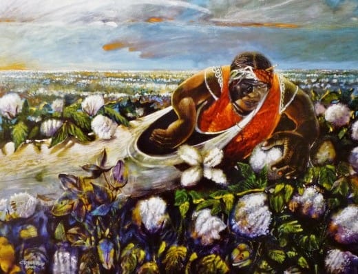 Mama Jewel (Picking Cotton) by Charles Criner, 2000, cropped from Juneteenth poster printed by Heidelberg