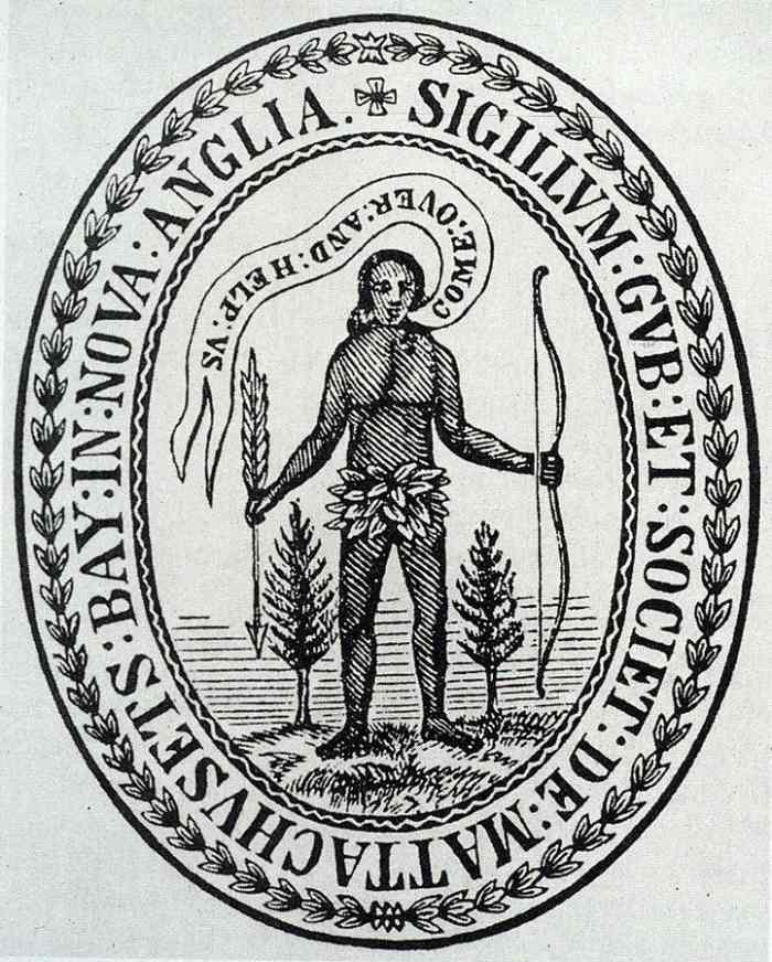 Seal of Massachusetts Bay Colony. It featured an Indian holding an arrow pointed down in a gesture of peace, and the unlikely words "Come over and help us," emphasizing the missionary intentions of the colonists.