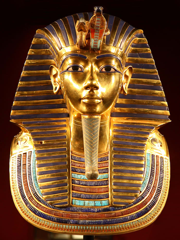 The iconic burial mask of pharaoh Tutankhamen contains inlays of carnelian in the wide collar of the mask.