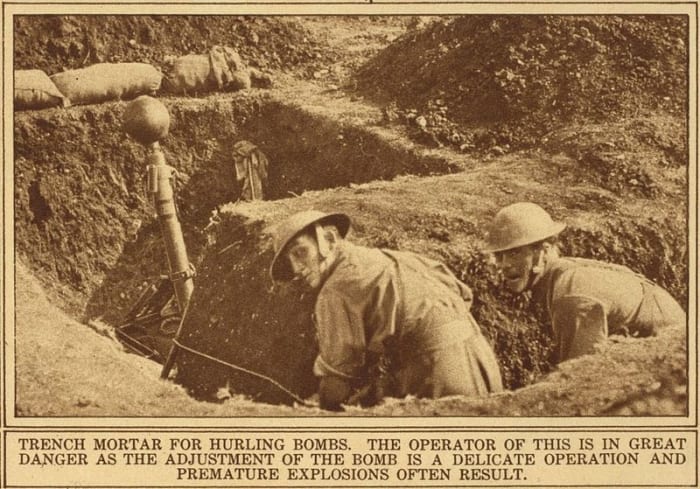Troops about to fire the British 2 inch Medium Mortar from the shelter of a separate trench bay in case of misfire, World War I.