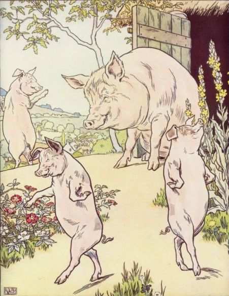 An illustration by L. Leslie Brooke from a version of "The Three Little Pigs" published in 1905.