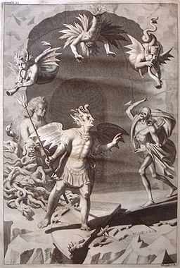 Engraving by Michael Burgesse after John Baptist Medina. Illustration to Book 2 of Paradise Lost, by John Milton.
