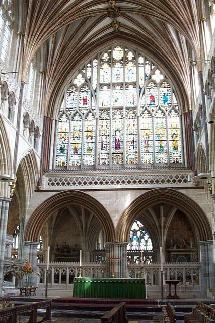 A view of the marvelous stained glass window above the altar in Exeter Cathedral, UK