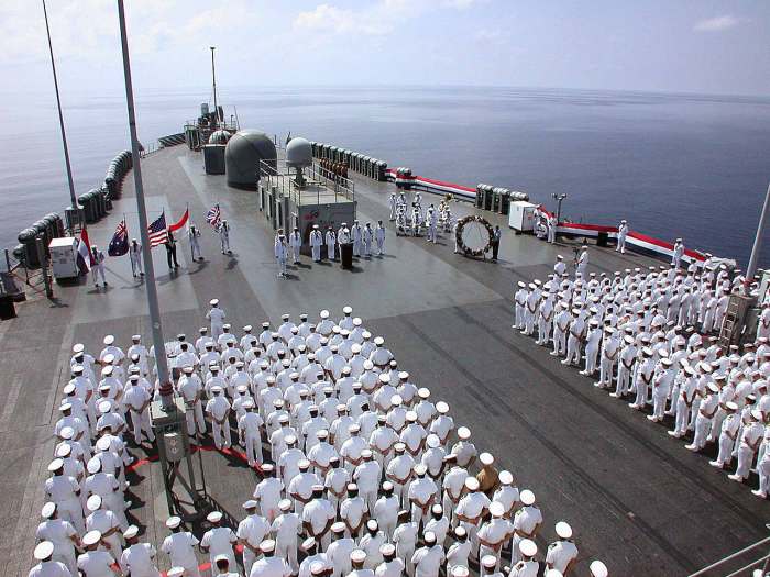 Sixty Years after the Battle of the Java Sea, a Commemoration Service aboard a US Navy ship at the scene of the Battle. HMS Exeter had not been found at that date