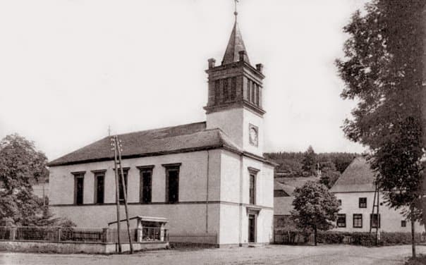 The original Church of St. George, Village of Schonberg. Eric Wood and his convoy passed by here just before crossing the bridge. The photo would have been taken in front of the bridge.