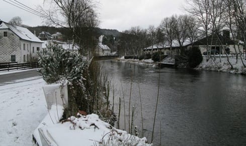 The bridge site today. Good view of how narrow the roads were. The original bridge was demolished and rebuilt downstream (behind photog). New Church is just out of sight, to the right.