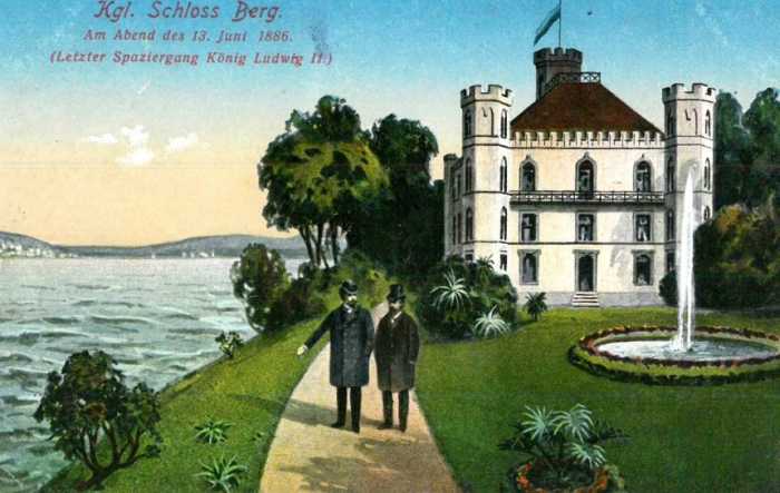 The text of this postcard translates to "Castle Berg: On evening of the 13 June 1886 (Last walk of King Ludwig II)