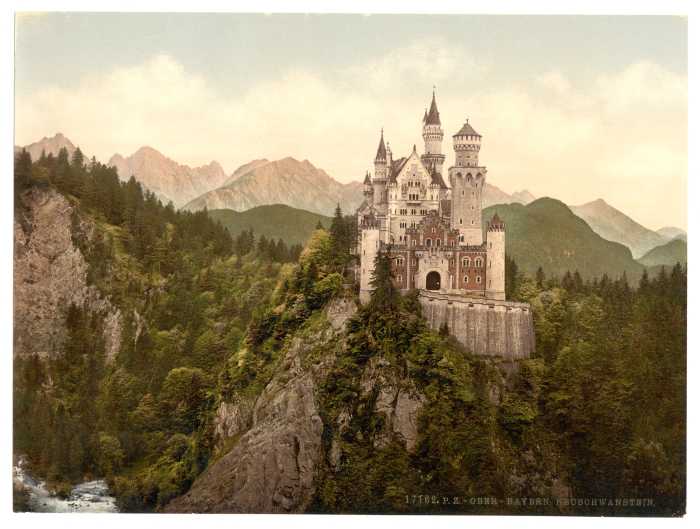 Ludwig II was responsible for Neuschwanstein, widely believed to have inspired Walt Disney's depiction of Palaces. This is a photochrom print of the palace dating from between 1890 and 1905.