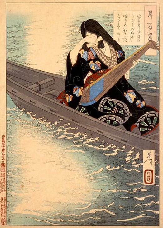 This Meiji Era print depicts Lady Ariko-no-Naishi, a Heian maiden, playing her instrument and weeping over an unrequited lover.