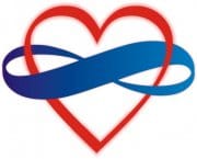 This symbol is common in the polyamory community. An infinity sign wraps around a heart to symbolize endless love. The infinity sign is blue to symbolize loyalty and it is often it is on a black background to symbolize solidarity.