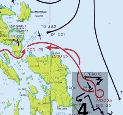 WW2: Simple map showing where the Japanese force (red) broke through San Barnadino Strait, rounded Samar Island and attacked Sprague's Taffy 3 on October 25, 1944.