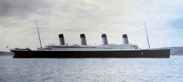 Titanic in Cork harbour, 11 April 1912. The ship's four funnels can clearly be seen. Only three of them were functional, however, with the fourth there mainly for show.