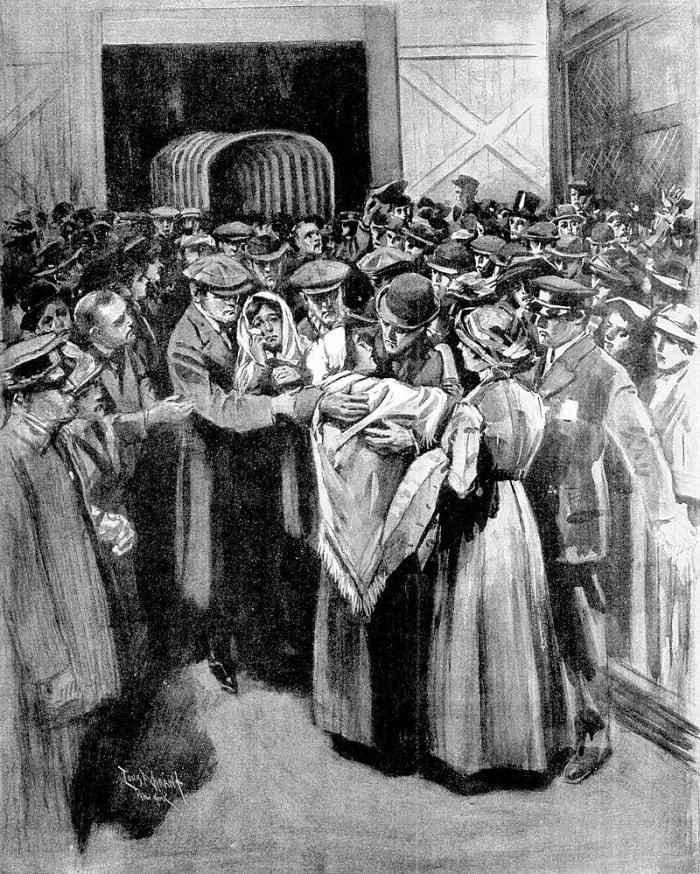 An artist's impression by Boston Globe's L.F. Grant showing the arrival of Titanic's survivors at New York. The survivors included Violet Jessop who came through the sinkings of both Titanic and Britannic plus being on Olympic when she was rammed.