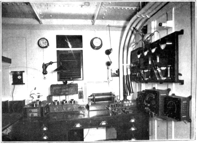 Marconi company receiving equipment for a 5 kilowatt ocean liner station. Marconi supplied the ship's radiotelegraph equipment, as well as two staff to operate it: Jack Phillips and Harold Bride.