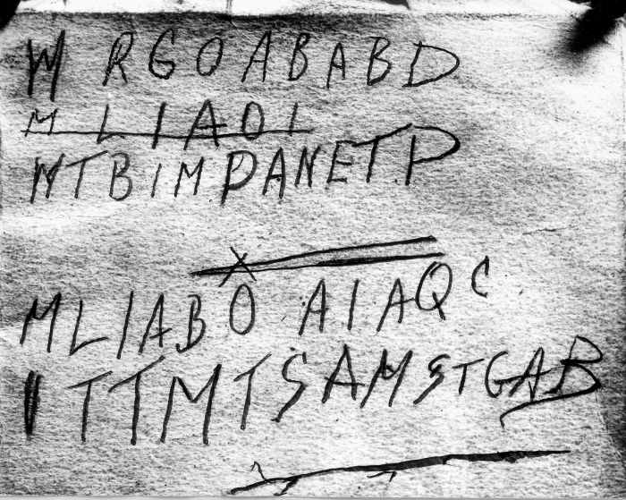 This is a police scan of the handwritten code found in the back of a copy of The Rubiayat of Omar Khayyam, believed to belong to the dead man, found in the back of a car in Glenelg, 1 December 1948.