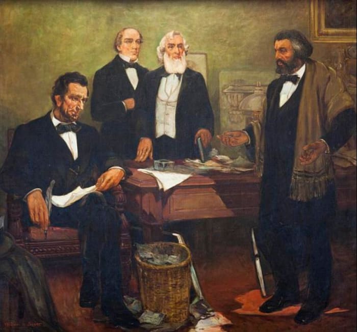 "Frederick Douglass appealing to President Lincoln and his cabinet to enlist Negroes" mural by William Edouard Scott
