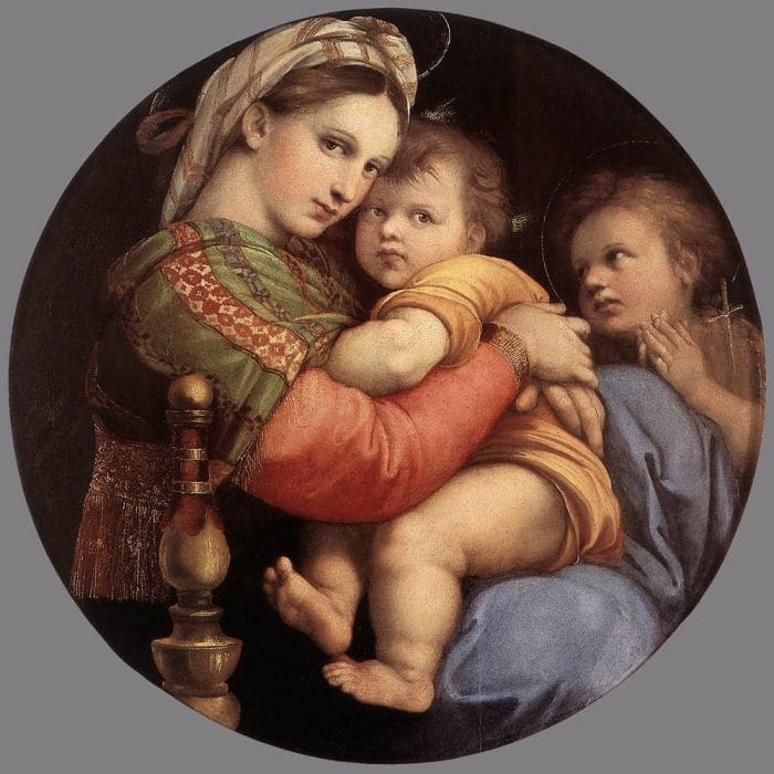 "Madonna della Sedia" (The Virgin Enthroned) 1516-17. Part of Raphel's Madonna series.